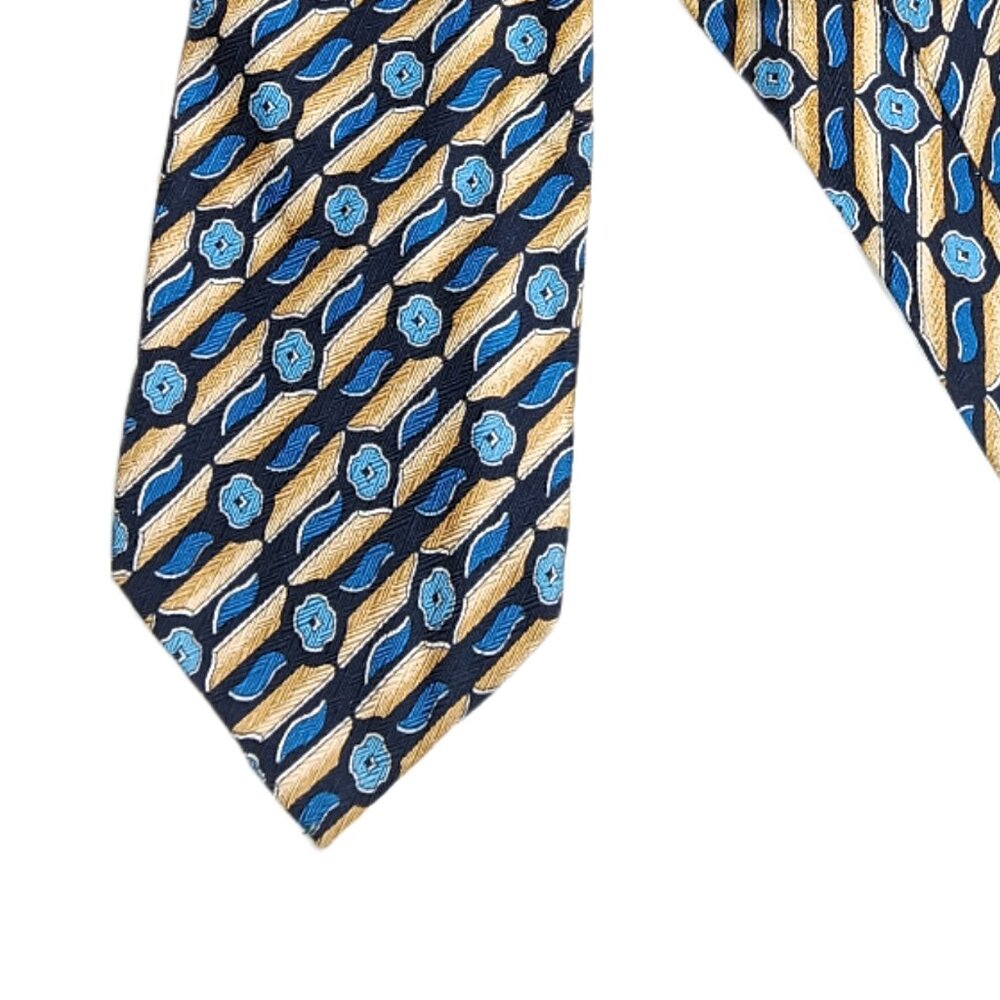 Barcelino Silk Tie Men’s Long 62” Gold Blue Geometric Floral Art Deco Wide New